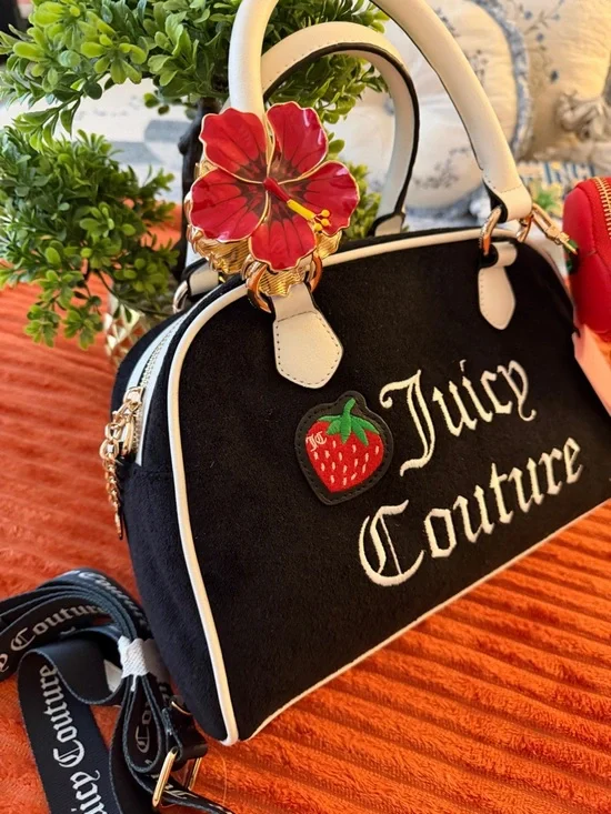 Juicy Couture Black Satchel with White Trim & Strawberry Charm - Picture 10 of 16
